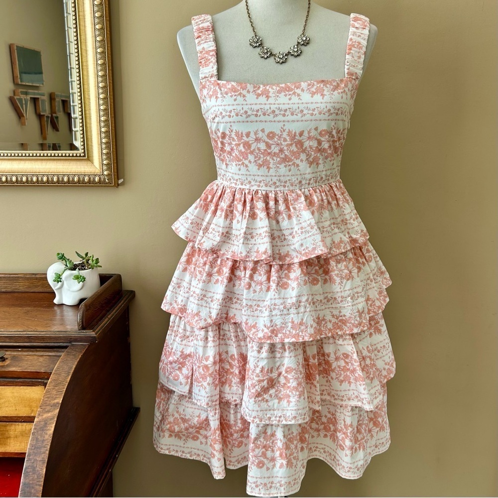 Harni Sleeveless Tiered Mini Dress Pink Floral Ruffle Square Neck Size 8 / 4 NWT